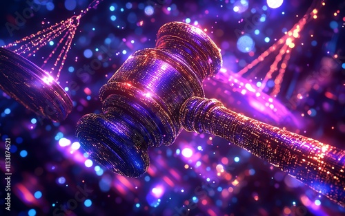 Cyberthemed justice concept, glowing gavel and scales floating in a digital space, futuristic law symbolizing balance and order, vivid AI generative design photo