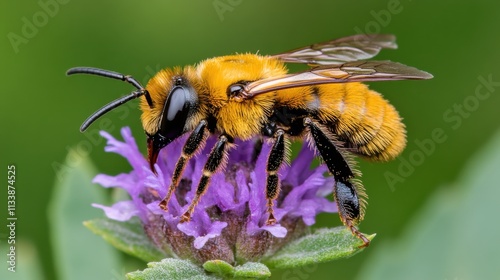 Wallpaper Mural Bee pollinating purple flower in lush garden macro photography nature close-up vibrant environment detailed view Torontodigital.ca