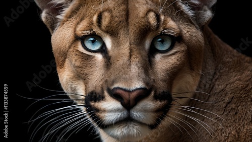Majestic Puma Portrait Striking Blue Eyes Black Background