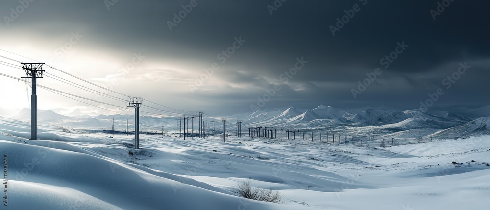 A network of massive industrial pipelines stretching across a snowy landscape under a gray sky. A network of massive industrial pipelines stretching across a snowy landscape under a gray sky.