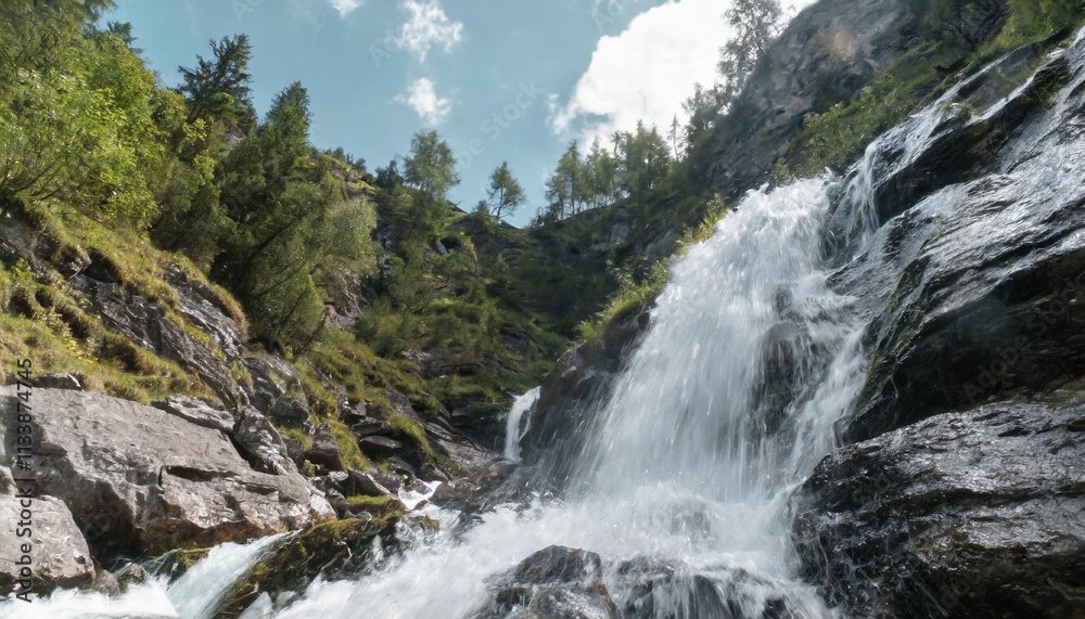 Crystal Clear Waterfall Cascading Over Jagged Rocks in Hidden Forest Valley Crystal Clear Waterfall Cascading Over Jagged Rocks in Hidden Forest Valley