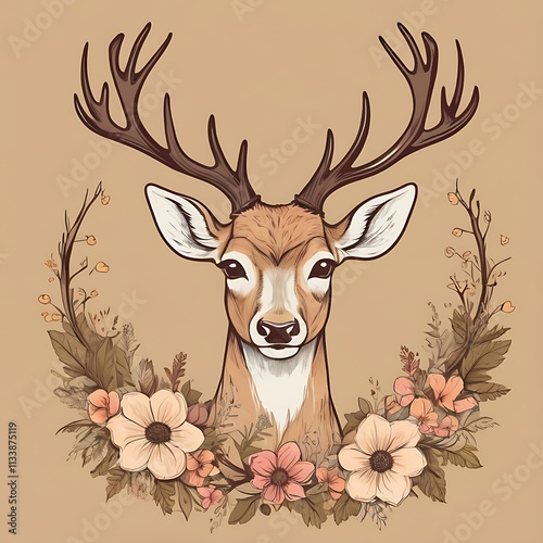 Elegant Deer Portrait Adorned With Floral Wreath photo