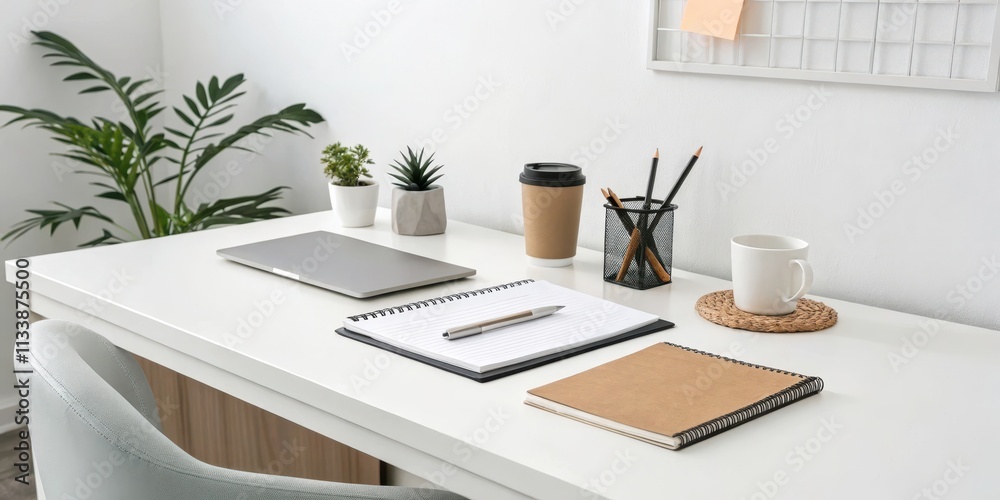 A minimalist workspace featuring a laptop, notebooks, and a cup of coffee on a clean white desk A minimalist workspace featuring a laptop, notebooks, and a cup of coffee on a clean white desk