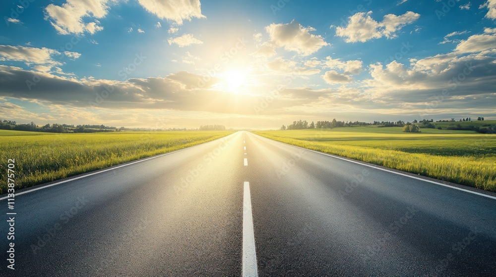Asphalt Road to Success: A Scenic Drive at Sunset