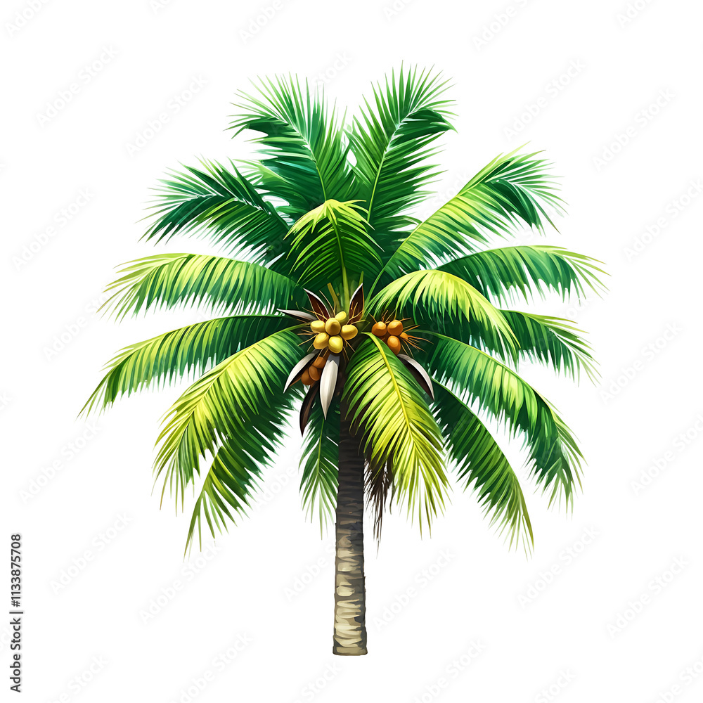 Fototapeta premium Lush Coconut Palm Tree with Detailed Fronds and Realistic Texture on White Background 