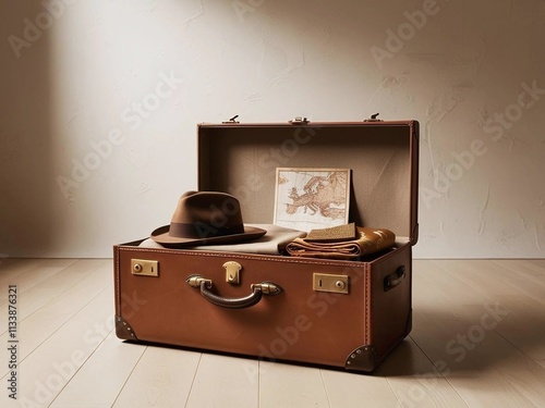 Vintage Leather Suitcase with Travel Essentials on Wooden Floor, Nostalgic Retro Backdrop, Warm Cinematic Lighting  
 photo