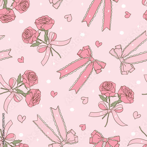 Valentine's day cute Bow and Rose Seamless Pattern. Vector Illustration