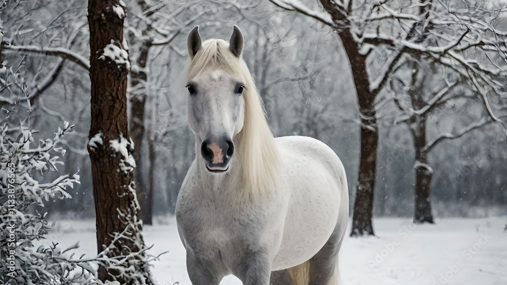 Majestic White Andalusian Horse in Winter Wonderland Majestic White Andalusian Horse in Winter Wonderland