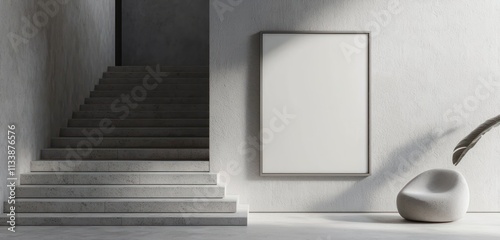 Fototapeta Naklejka Na Ścianę i Meble -  Minimalist lobby with blank picture frame on the wall and staircase, ideal for artwork.