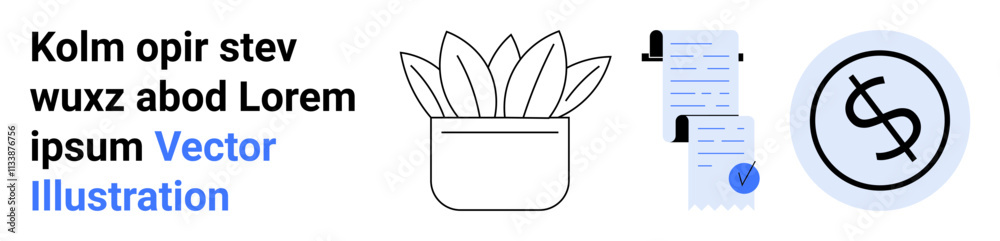 Potted plant, checklist, and currency symbols in blue and black. Ideal for business, finance, budget planning, office decor, productivity, organization, and marketing presentations. Landing page Potted plant, checklist, and currency symbols in blue and black. Ideal for business, finance, budget planning, office decor, productivity, organization, and marketing presentations. Landing page