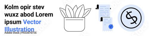 Potted plant, checklist, and currency symbols in blue and black. Ideal for business, finance, budget planning, office decor, productivity, organization, and marketing presentations. Landing page