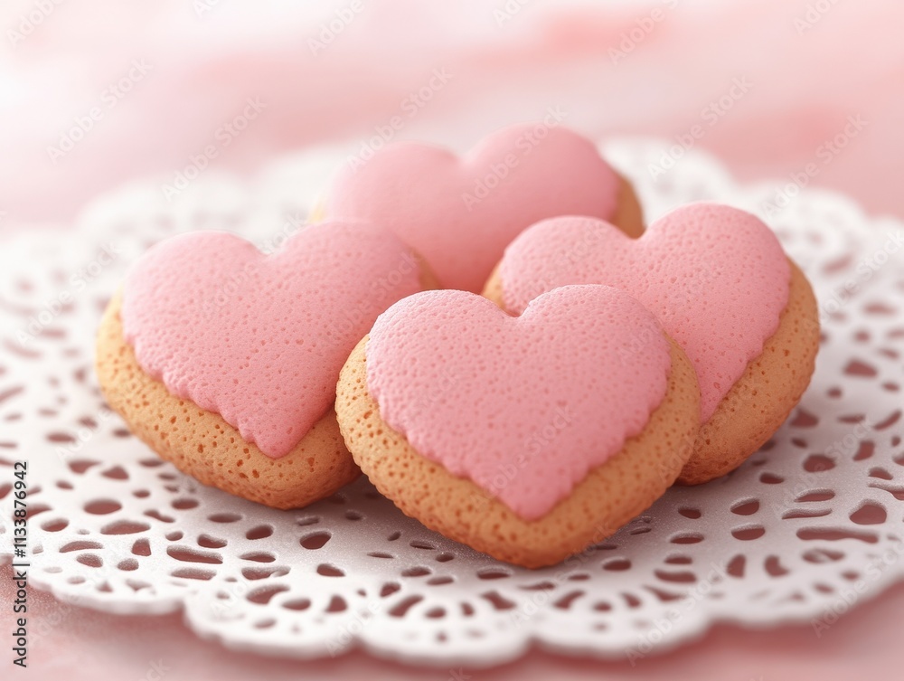 Heart-shaped cookies with pink frosting are arranged on a lace doily, creating a sweet and romantic presentation perfect for celebrations. Heart-shaped cookies with pink frosting are arranged on a lace doily, creating a sweet and romantic presentation perfect for celebrations.