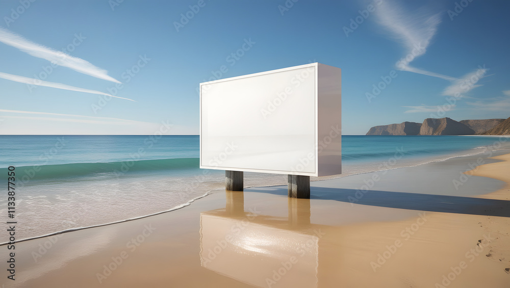 Blank Billboard on a Beach: A pristine white billboard stands tall on the edge of a pristine beach, bathed in the warm glow of a vibrant blue sky. Blank Billboard on a Beach: A pristine white billboard stands tall on the edge of a pristine beach, bathed in the warm glow of a vibrant blue sky.