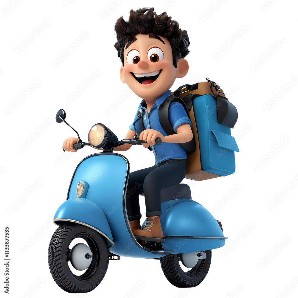 cheerful delivery person riding blue scooter with backpack. , png image transparent cheerful delivery person riding blue scooter with backpack. , png image transparent