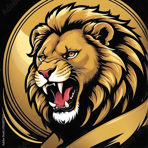 Roaring Lion Head Gold Background Design photo