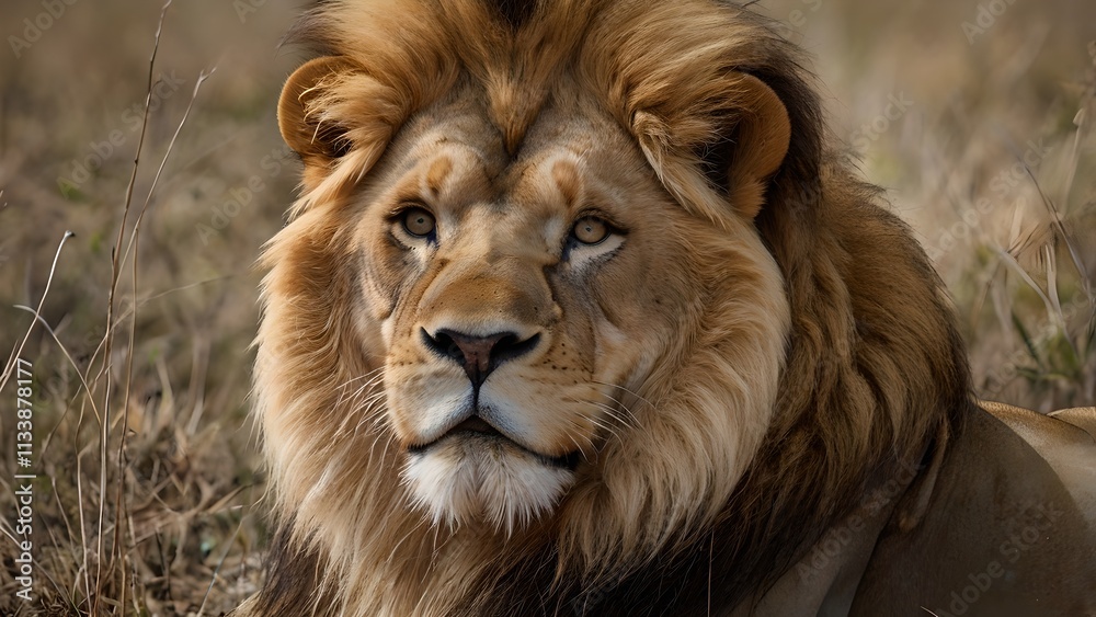Majestic African Lion in Savanna Grassland Majestic African Lion in Savanna Grassland