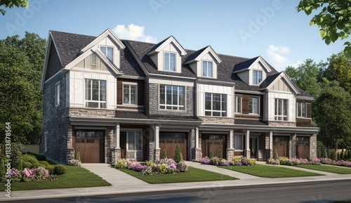 modern townhouses with a white and brown color scheme, large windows, green trees in the front yard