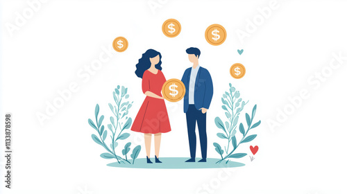Lover Silhouette in Coin Ring - Financial Theme Stock Illustration