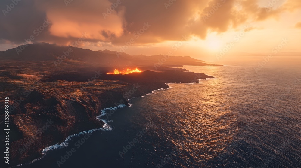 Fototapeta premium Volcanic Eruption Sunset Coastal Landscape