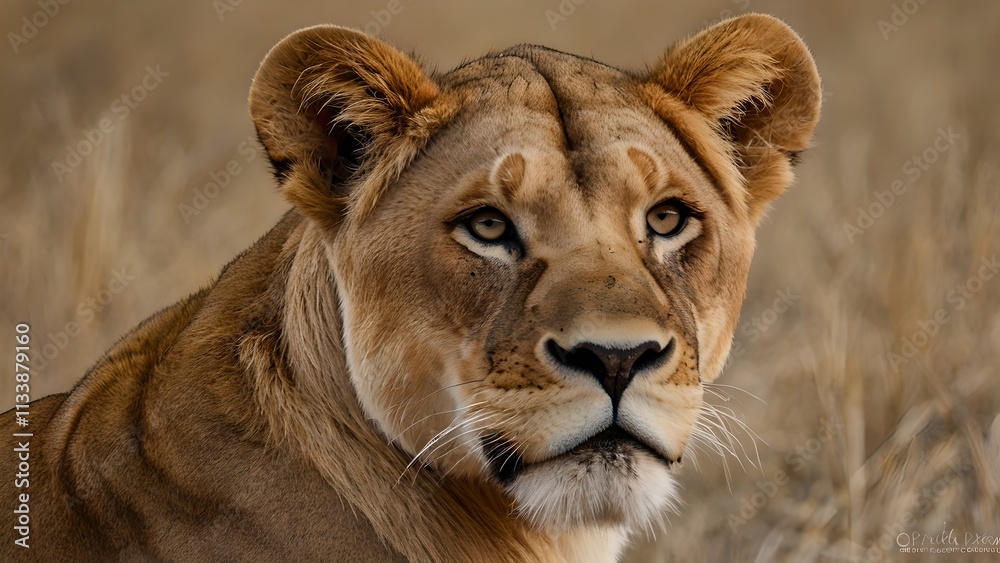 Majestic Lioness Portrait in African Savanna Majestic Lioness Portrait in African Savanna