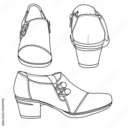 Women's Slip-On Loafer with button strap Shoes Line art, Technical sketch hand drawing outline vector doodle various view isolated on white background for coloring page