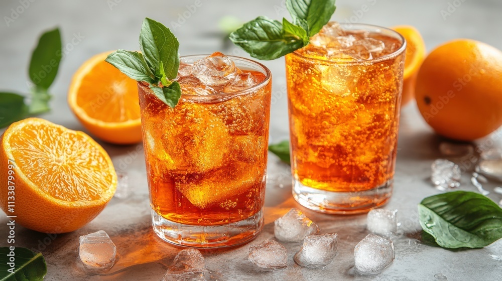 Refreshing Citrus Beverage with Ice Cubes and Mint Leaves Served in Glasses, Surrounded by Fresh Oranges and Ice on a Gray Background Refreshing Citrus Beverage with Ice Cubes and Mint Leaves Served in Glasses, Surrounded by Fresh Oranges and Ice on a Gray Background
