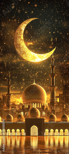 Islamic Greeting Cards for Muslim Holidays. Ramadan Kareem background, Eid Mubarak, greeting background with lantern, Mosque 
 photo