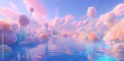 Pastel Dreamland: Fantasy Floral Landscape with Pink Sky and Tranquil Water