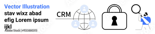 Network of user connections with CRM label, secured padlock icon, person analyzing data with magnifying glass. Ideal for business management, data security, user engagement, analysis, digital