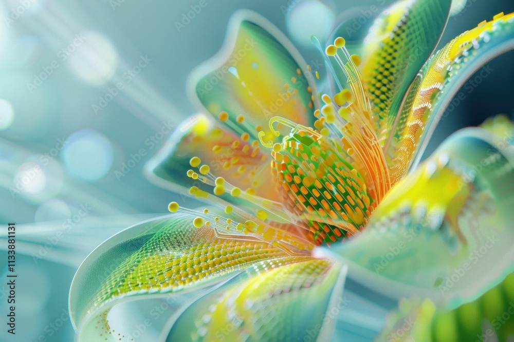 Φωτογραφία Abstract flower design, vibrant colors, green and yellow accents, soft glowing b
