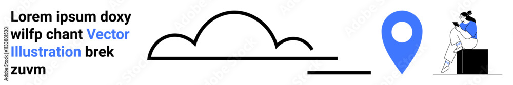 Cloud motif, blue location marker, person working at a desk, and placeholder text. Ideal for web design, cloud services, office, navigation technology business presentations digital media. Landing Cloud motif, blue location marker, person working at a desk, and placeholder text. Ideal for web design, cloud services, office, navigation technology business presentations digital media. Landing