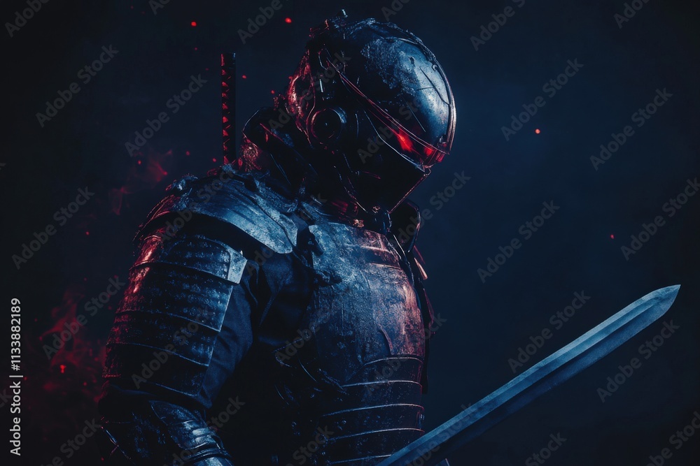 Naklejka premium mysterious warrior in dark armor with glowing eyes