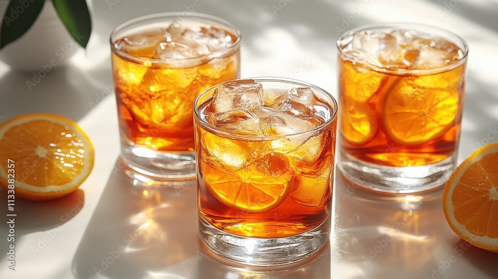 Refreshing Citrus Drinks in Glasses Surrounded by Fresh Orange Slices on a Table with Natural Light Highlighting the Ice Cubes and Fruit Segments Refreshing Citrus Drinks in Glasses Surrounded by Fresh Orange Slices on a Table with Natural Light Highlighting the Ice Cubes and Fruit Segments