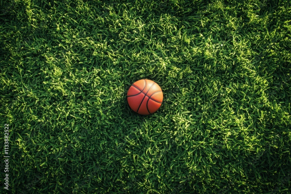Basketball Resting on Neatly Trimmed Grass Field Under Bright Natural Light in Outdoor Setting Basketball Resting on Neatly Trimmed Grass Field Under Bright Natural Light in Outdoor Setting