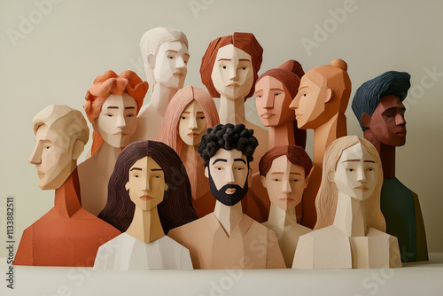 Creative portrait of a diverse group of individuals represented in geometric paper art style, highlighting different ethnicities and genders. Modern artistic concept.