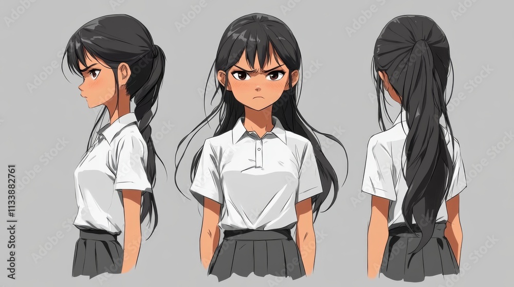 Three anime-style girls standing in casual outfits Three anime-style girls standing in casual outfits