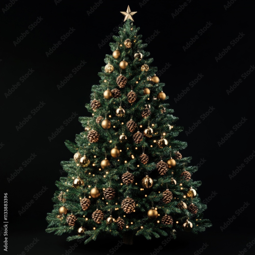 festive christmas tree adorned with gold ornaments and pine cones festive christmas tree adorned with gold ornaments and pine cones