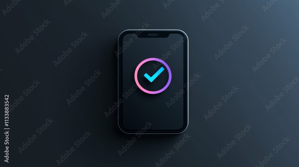 Black smartphone with green checkmark on a dark background Black smartphone with green checkmark on a dark background
