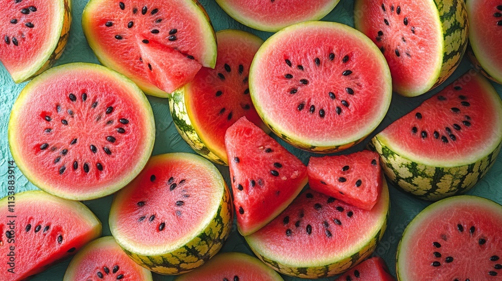 Fresh watermelon slices arranged in a vibrant flat lay Fresh watermelon slices arranged in a vibrant flat lay