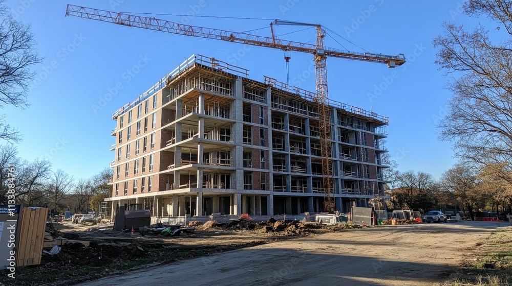 Construction site of a building with cranes in progress Construction site of a building with cranes in progress