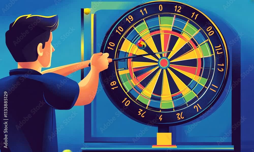 A person aiming a dart at a colorful dartboard, showcasing leisure activity and precision.
