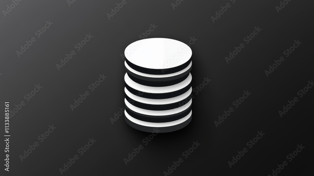 Minimalist black and white stack of metallic disks on a dark background