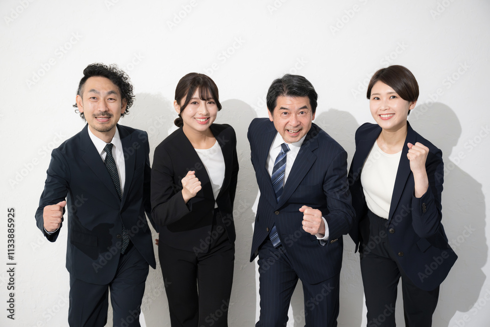Image of goals, future, running, starting, multiple camera-ready businessmen posing with guts, white background Image of goals, future, running, starting, multiple camera-ready businessmen posing with guts, white background