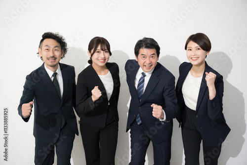 Image of goals, future, running, starting, multiple camera-ready businessmen posing with guts, white background