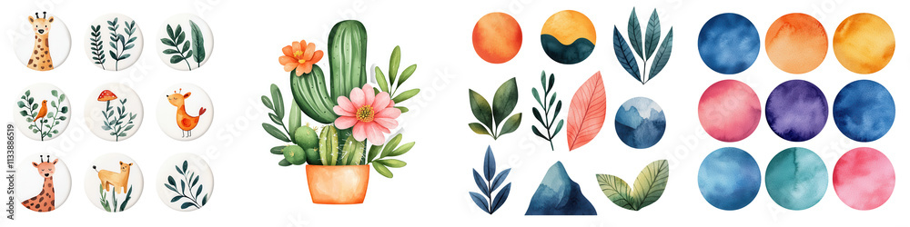 Colorful badge and sticker designs featuring plants, animals, and shapes, isolated on transparent background. Colorful badge and sticker designs featuring plants, animals, and shapes, isolated on transparent background.