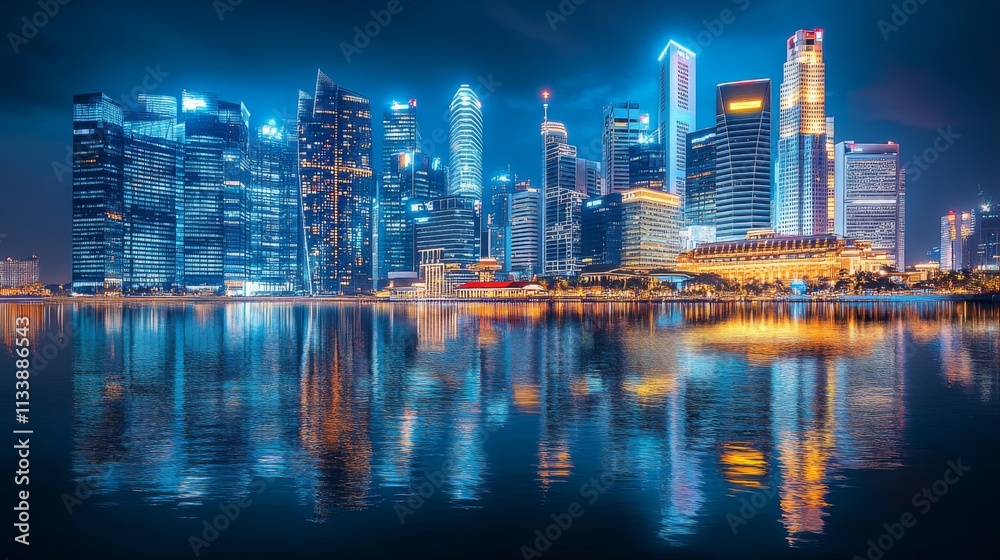 Fototapeta premium Illuminated city skyline at night reflecting on water