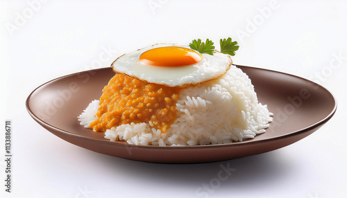 Simple food, rice, fried egg on a white background.