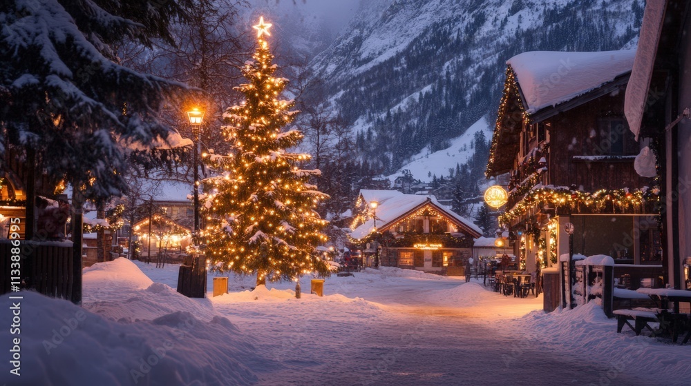 Fototapeta premium Festive Christmas Village Scene Snowy Night Lights