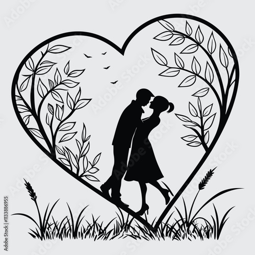  cute-couple-in-love-hugging-with-many-hearts silhouette vector art and illustration