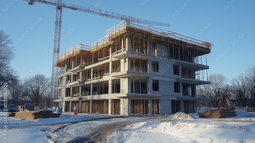 Partially built structure with crane on a snowy construction site Partially built structure with crane on a snowy construction site